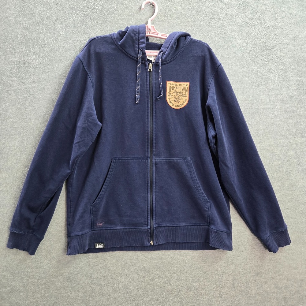 REI Co-Op Men Hoodie L Blue Travel Badge Long Sleeve Logo Cotton Polyester READ